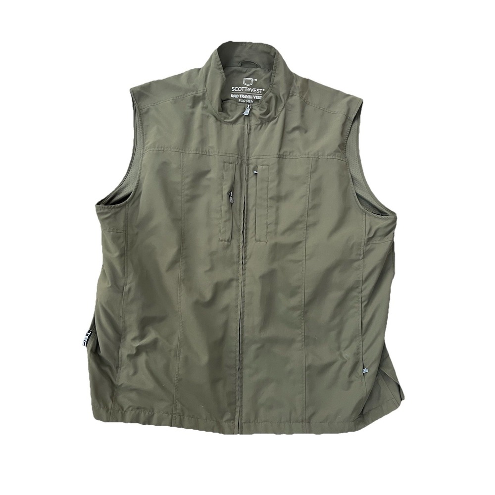 SCOTTeVEST RFID Travel Vest Men‎ 2XL In Olive Green Utility Tec Full Zip Pockets